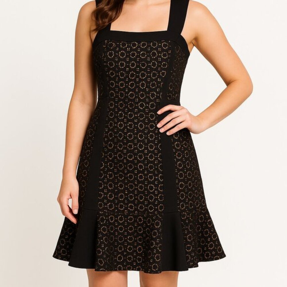 BCBGMAXAZRIA Dress Noelle Black Tan 10 Lace Overlay Going Out Feminine New Years